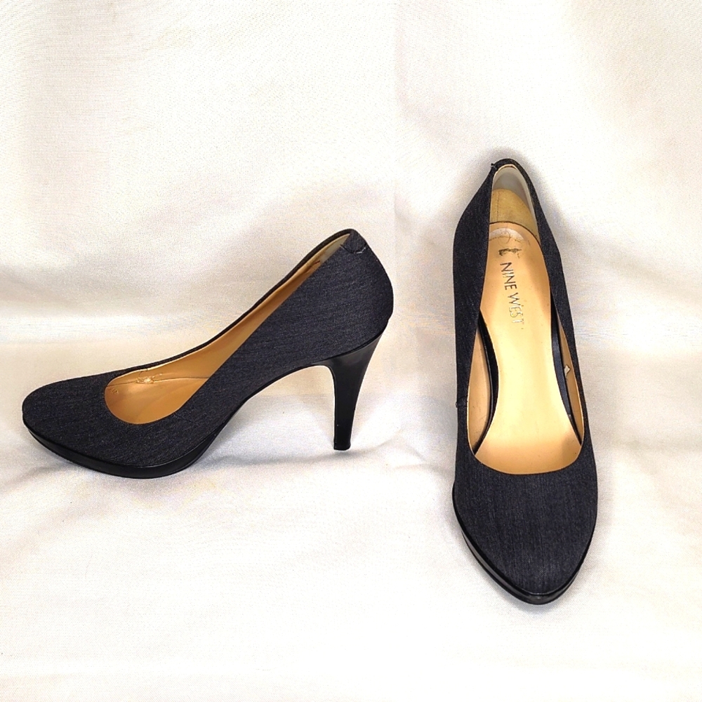 Nine West Gray linen classic platform pump high heel shoes 7.5